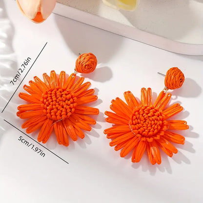 Hand-woven Raffia Sun Flower Dangle Earrings